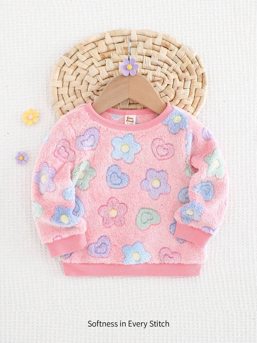 Cozy Pixies Áo nỉ cổ tròn tay dài lót nhiệt họa tiết hoa nhiều màu sắc cho bé gái, phong cách thường ngày và thể thao cho mùa thu/đông - Nhiều màu - Xem 1