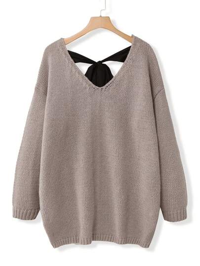 SHEIN LUNE 女士加大码纯色针织V领厚纱宽松休闲套头毛衣，后背系带，适合秋冬季节穿着。