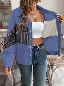 SHEIN LUNE Women Autumn Geometric Print Drop Shoulder Long Sleeve Single Breasted Casual Jacket - Blue - View 3