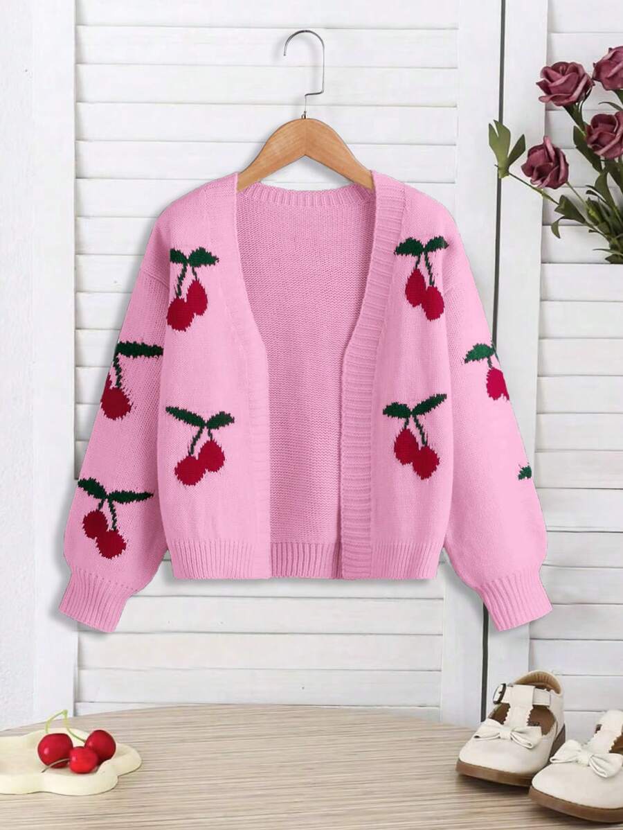 SHEIN Áo len cardigan dệt kim hở phía trước màu cherry jacquard thường ngày cho bé gái tuổi mới lớn, mùa thu/đông - Màu Hồng Tươi - Xem 1