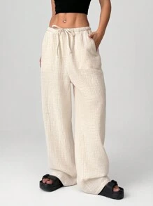 SHEIN EZwear 杏色编织系带休闲长裤宽松裤女士春秋休闲抽绳口袋自然直筒长裤杏色宽松女裤休闲日常穿着 - 杏色 - 查看 3