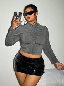 SHEIN ICON T-shirt manches longues gris froissé à col montant pour femme grande taille