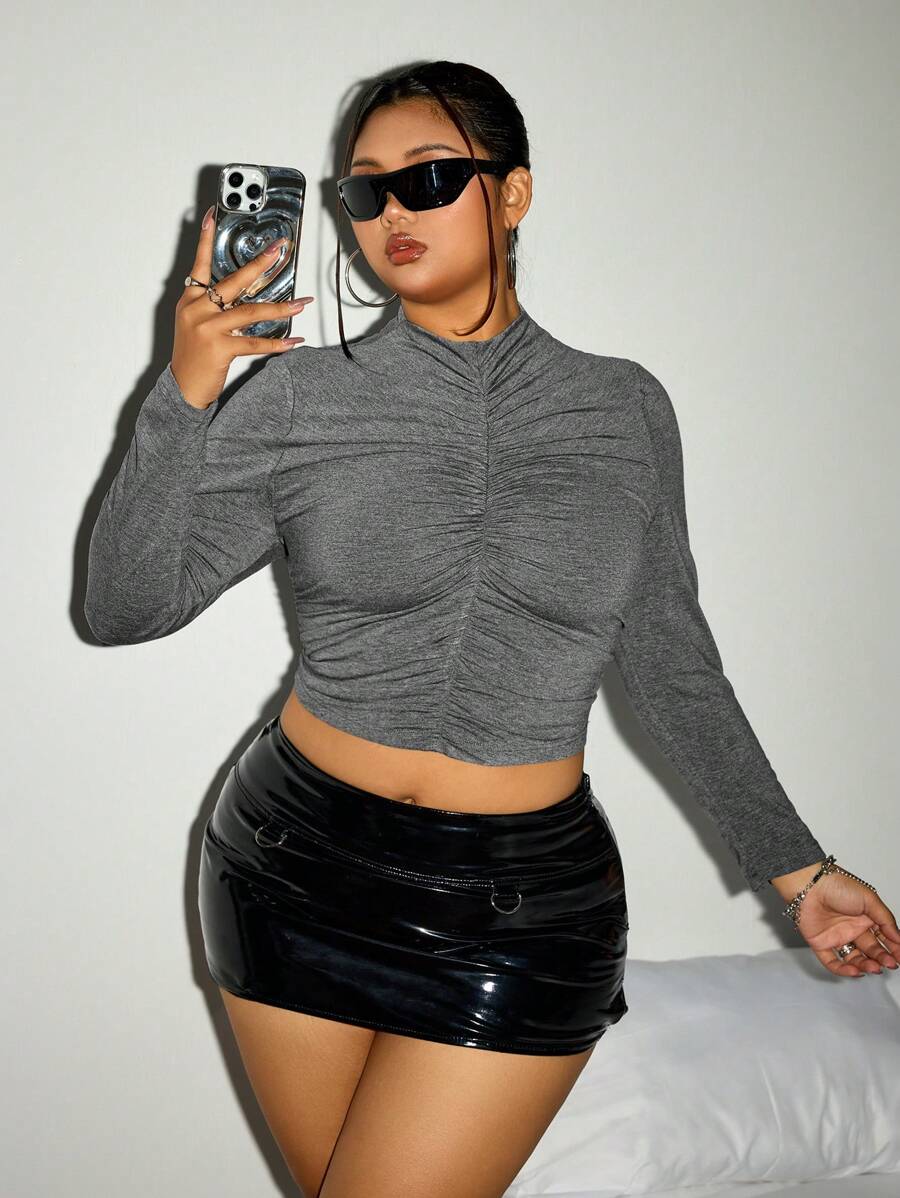 SHEIN ICON T-shirt manches longues gris froissé à col montant pour femme grande taille