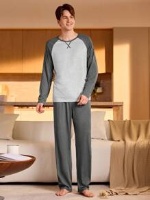 Manfinity Underwear&Sleepwear Basics Conjunto de pijama de manga larga con bloque de color en contraste y pantalones para hombre