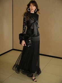 MOTF STUDIO LACE BOW FRONT SLIM FIT TEE - Black - View 6