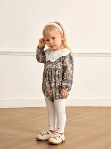 SHEIN Ensemble body et pantalon côtelé avec nœud au poignet pour bébé fille, style doux et mignon. Col claudine, imprimé vert, broderie, bas évasé. Tenue mode automne/hiver