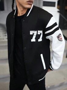 Manfinity Campus Court 男士休闲拼色字母印花羊毛棒球夹克，秋冬 - 黑與白 - 查看 6