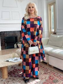 EMERY ROSE 2 件套女士格子印花圆领前短后长长袖上衣和裤子休闲套装 - 彩色 - 查看 7