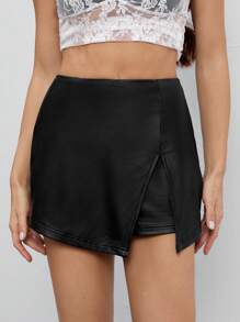 SHEIN Tall 秋冬季黑色高弹力 PU 弹力皮革女式短裙适合派对 - 黑色 - 查看 1