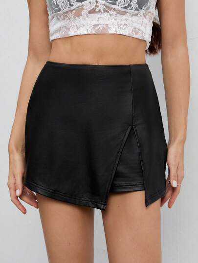 SHEIN Tall 秋冬季黑色高弹力 PU 弹力皮革女式短裙适合派对