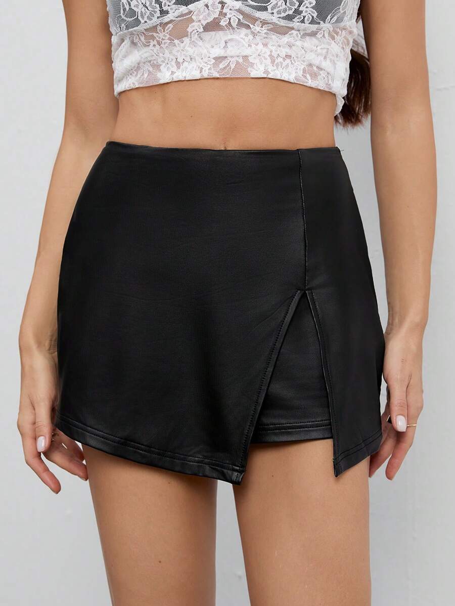 SHEIN Tall 秋冬季黑色高弹力 PU 弹力皮革女式短裙适合派对 - 黑色 - 查看 1