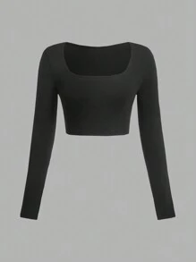 SHEIN EZwear Camiseta de manga larga ajustada de cuello redondo tejida en colores múltiples para mujer - Negro - Ver 5