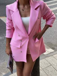 SHEIN LUNE 女士休闲外出爱心纽扣装饰平翻领西装外套 - 粉色 - 查看 3