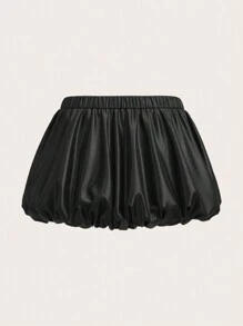 SHEIN ICON 女士时尚 Y2k 纯色松紧腰低腰 PU 皮革荷叶边黑色泡泡迷你裙，休闲日常穿着 - 黑色 - 查看 4