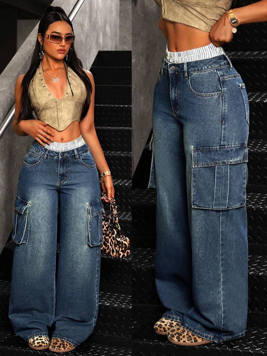 SHEIN ICON 女士时尚休闲翻盖口袋宽松阔腿牛仔裤 - 藍色 - 查看 1