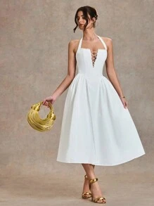 SHEIN BAE Váy xòe dài cổ chữ V ren vá chéo màu trắng thanh lịch, thích hợp cho tiệc cocktail, hẹn hò lãng mạn, mặc nhiều lớp vào mùa thu/đông, tiệc tùng, phù dâu cưới, đi chơi, Halloween, Giáng sinh - trắng - Xem 7