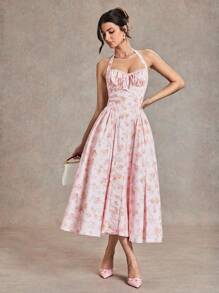 SHEIN BAE 纯粉色和碎花荷叶边领口系带蕾丝泡泡袖长裙，适合鸡尾酒会、浪漫约会、针织连衣裙下分层、派对、新娘送礼会、万圣节、圣诞节 - 淺粉色 - 查看 6