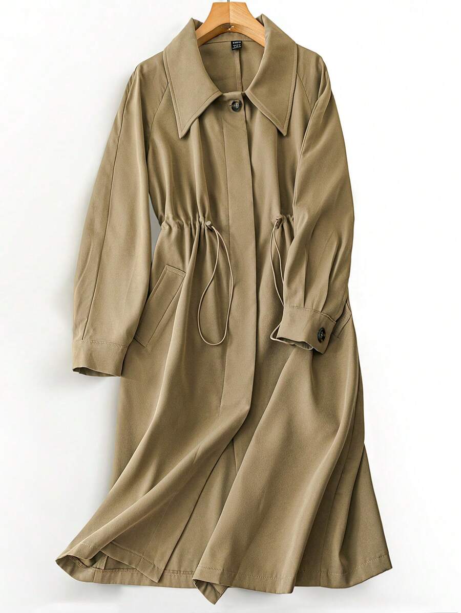 SHEIN LUNE Abrigo de trinchera casual de mujer de manga raglán y cintura con cordón, unicolor - Caqui - Ver 1