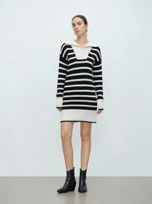 Aalyst 女士秋冬休闲日常拉链条纹针织毛衣连衣裙 - 黑與白 - 查看 4