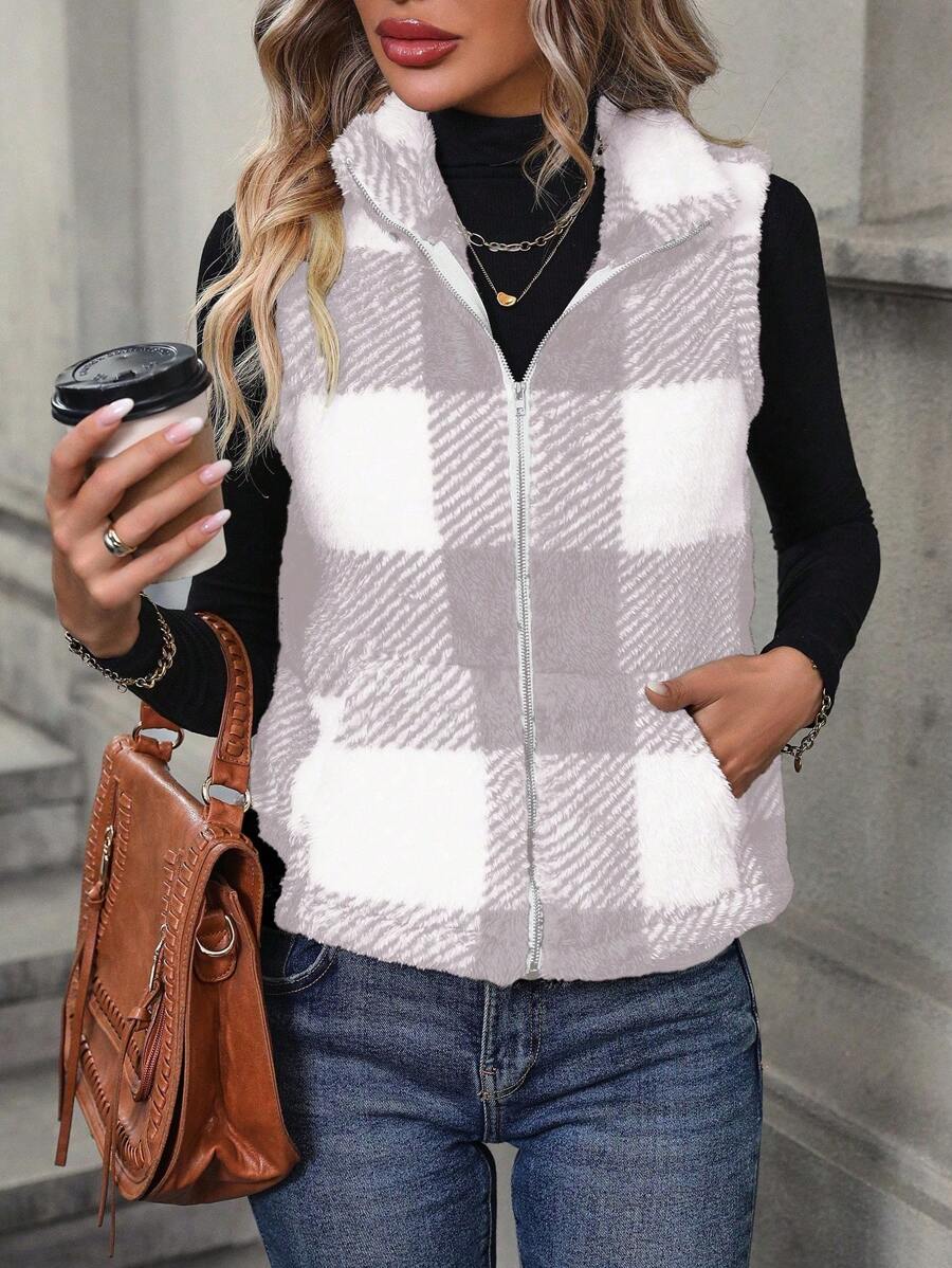 SHEIN LUNE Áo khoác nỉ kẻ caro Colorblock giản dị, Thu/Đông - Màu Xám nhạt - Xem 1