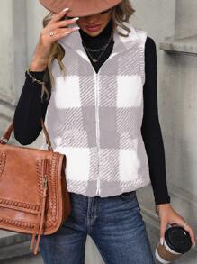 SHEIN LUNE Áo khoác nỉ kẻ caro Colorblock giản dị, Thu/Đông - Màu Xám nhạt - Xem 3