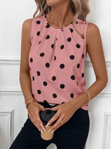 SHEIN Clasi Women Casual Polka Dot Printed Fold Pleated Sleeveless Shirt, Summer