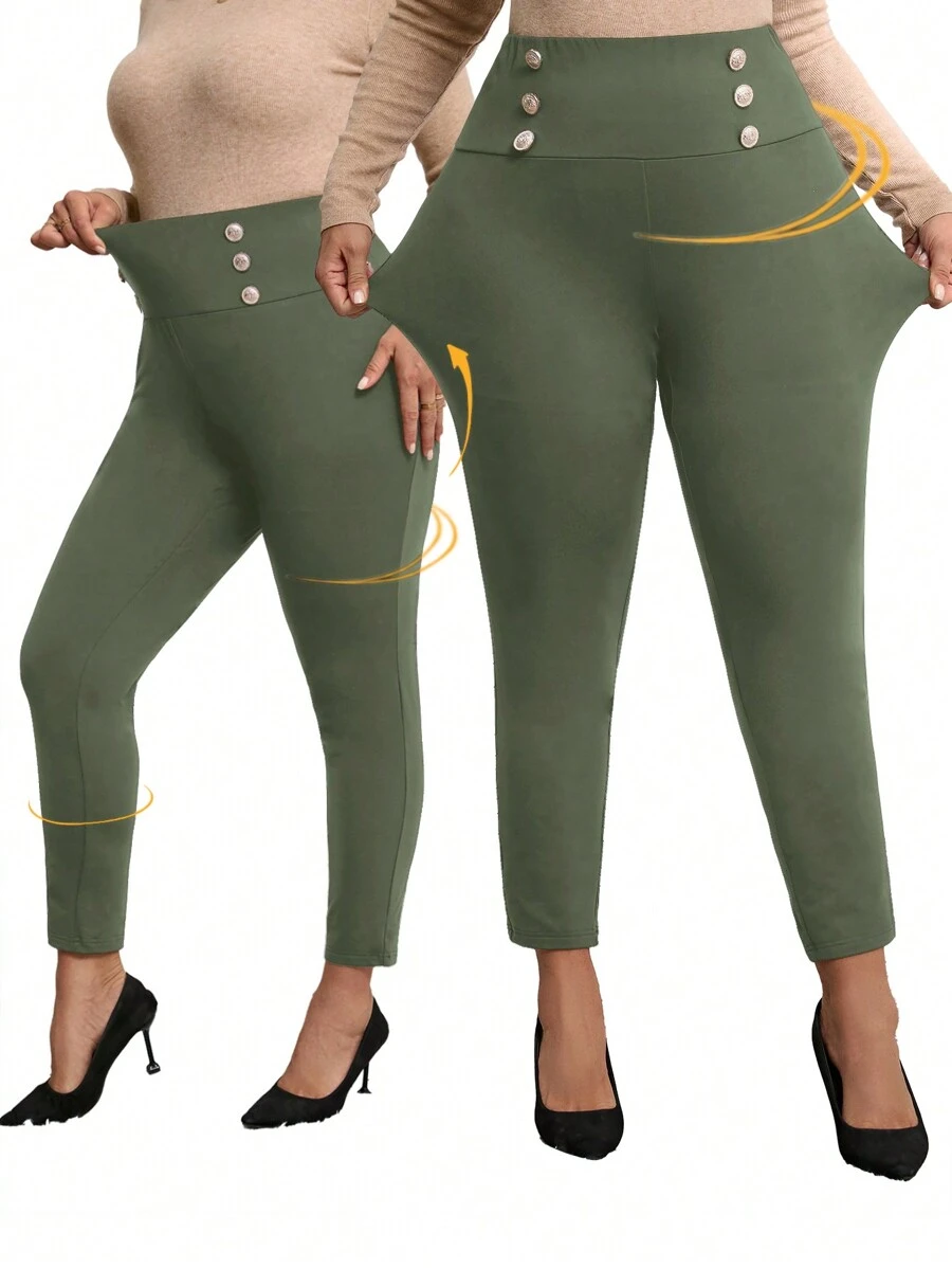 EMERY ROSE Pantaloni skinny elasticizzati doppiopetto taglie forti, leggings morbidi e soffici - Verde militare - Visualizzare 1