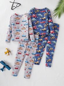 SHEIN 2pcs/Set Boy Dinosaur Print Pajama Set Including Long Sleeve Tight Top And Long Pants, Simple All-Over Print Design, Snug Fit, Designed For Young Boys - Multicolor - View 2