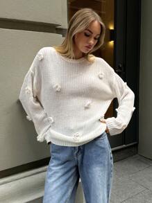 Aloruh 女士休闲 3D 花卉图案白色宽松针织毛衣，秋冬 - 白色 - 查看 7