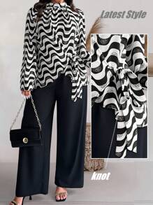 Celure Plus Size Women 2pcs Set: Striped Wave Pattern Stand Collar Long Sleeve Top And Wide Leg Pants, Loose Fit, Autumn