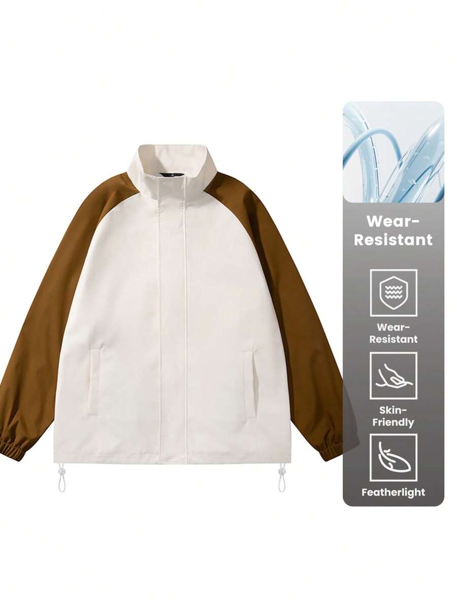 SHEIN Sports Simple Contrast Color Drawstring Detailed Sports Jacket, Suitable For Daily Wear Anime Jacketunisex Jacketcouple Jacketwork Jacket - Brown - View 1