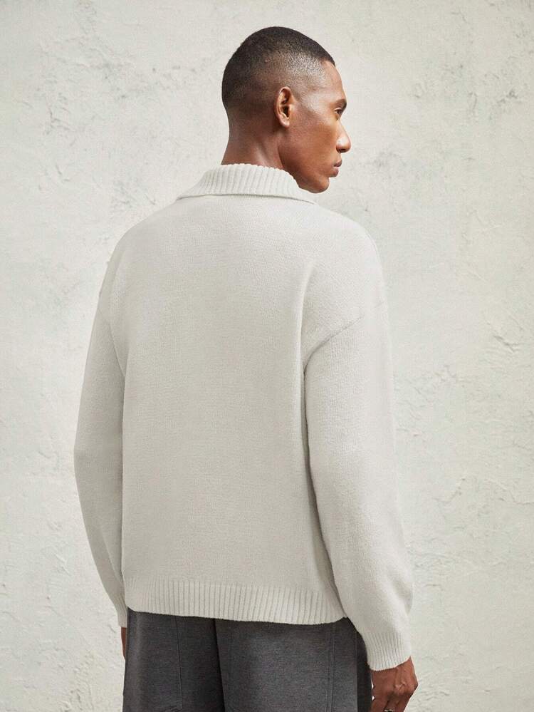 Men's Loose Fit Dropped Shoulder Long Sleeve Casual Split Pocket Cardigan Short Sweater, Suitable For Autumn/Winter, Light Pink