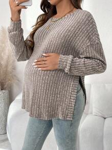 SHEIN 孕妇休闲百搭纯色罗纹蝙蝠袖宽松 T 恤，侧开衩下摆，春/秋 - 棕色 - 查看 5