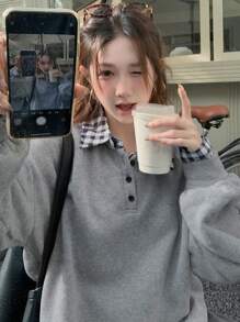 DAZY 女士休闲格子印花长袖二合一运动衫，秋季服装 - 灰色 - 查看 2