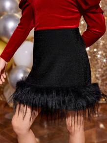 SHEIN Young Girl Metallic Tinsel Pleated A-Line Skirt, Suitable For Christmas Party Wear - Black - View 5