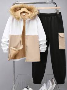 SHEIN Teen Boys 2pcs Casual Versatile Cozy Warm Colorblock Padded Lining And Plush Hat Woven Jacket Plus Knit Patch Pocket Sweatpants Two-Piece Set Homecoming; Renaissance; Fall Outfits; Teen Boy Clothes; ; Airport; Cocktail Party; Autumn/Winter - Multicolor - View 6