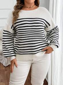 SHEIN Clasi Women Fashion Casual Striped Back Ribbon Detail Pullover Sweater