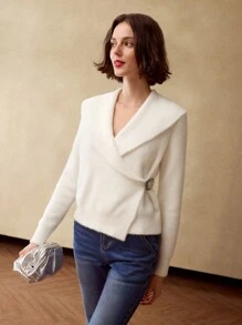 MOTF SOLID SAILOR COLLAR RHINESTONE WRAP SIDE CARDIGAN - Beige - View 2