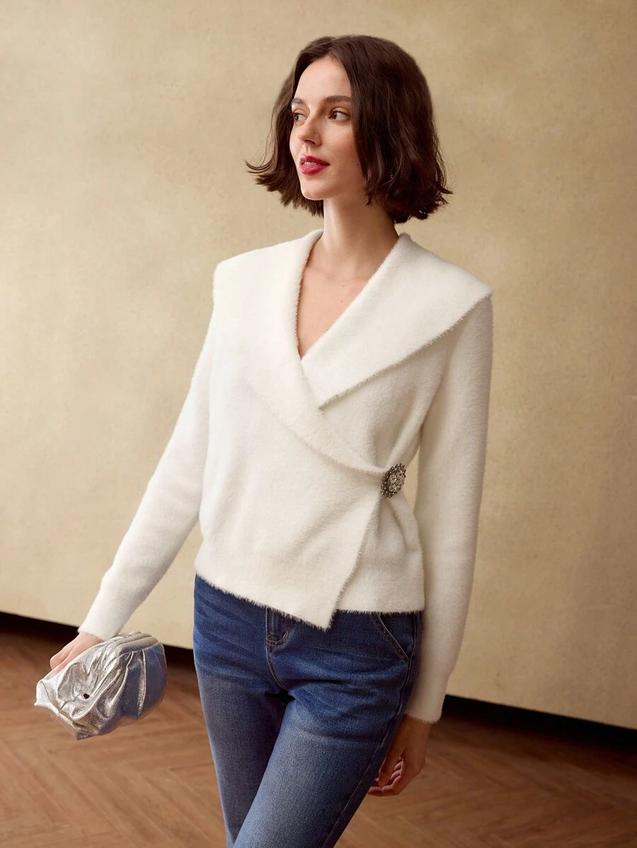 MOTF SOLID SAILOR COLLAR RHINESTONE WRAP SIDE CARDIGAN