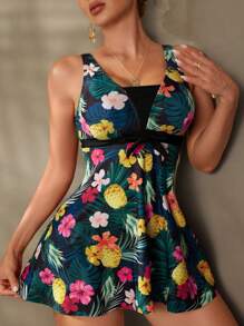 SHEIN 女士热带印花低背蝴蝶结前泳衣，夏季海滩