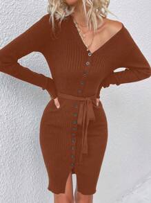 SHEIN Clasi Women's Solid Color Front Button Long Sleeve Simple Casual Sweater Dress