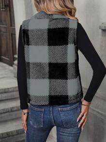 SHEIN LUNE Chaleco/chaqueta casual de color block a cuadros y esponjoso, para otoño/invierno