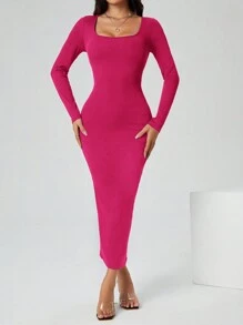 SHEIN PETITE Herbstkleid einfarbiges Kleid mit quadratischem Ausschnitt und langem, enger Ärmel in Schwarz - Heißes Pink - Übersicht 7