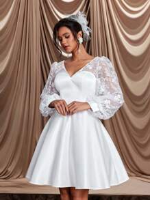 SHEIN Belle Elegant And Romantic White Mesh Embroidered V-Neck See-Through Puff Long-Sleeved A-Line Hem V-Shaped Backless Strap Suitable For Wedding Events, Dates, Bridal Shower Dress