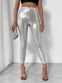 SHEIN Privé Women Solid Color Low Waist Simple Slim Fit Casual Leggings - Apricot - View 6