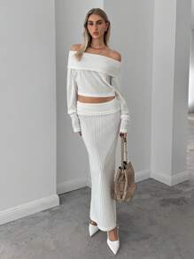SHEIN Essnce 2pcs Women's Elegant Solid Color Off-Shoulder Top And Skirt Set, Spring/Autumn - White - View 3