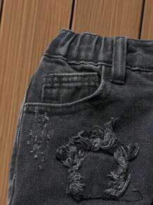 Young Boys Black High Street Straight Leg Star Embroidered Distressed Knee Ripped Jeans - Black - View 4