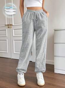 Flirla Solid Drawstring Waist Slant Pocket Sweatpants Fall Cloth For Women - Grey - View 1