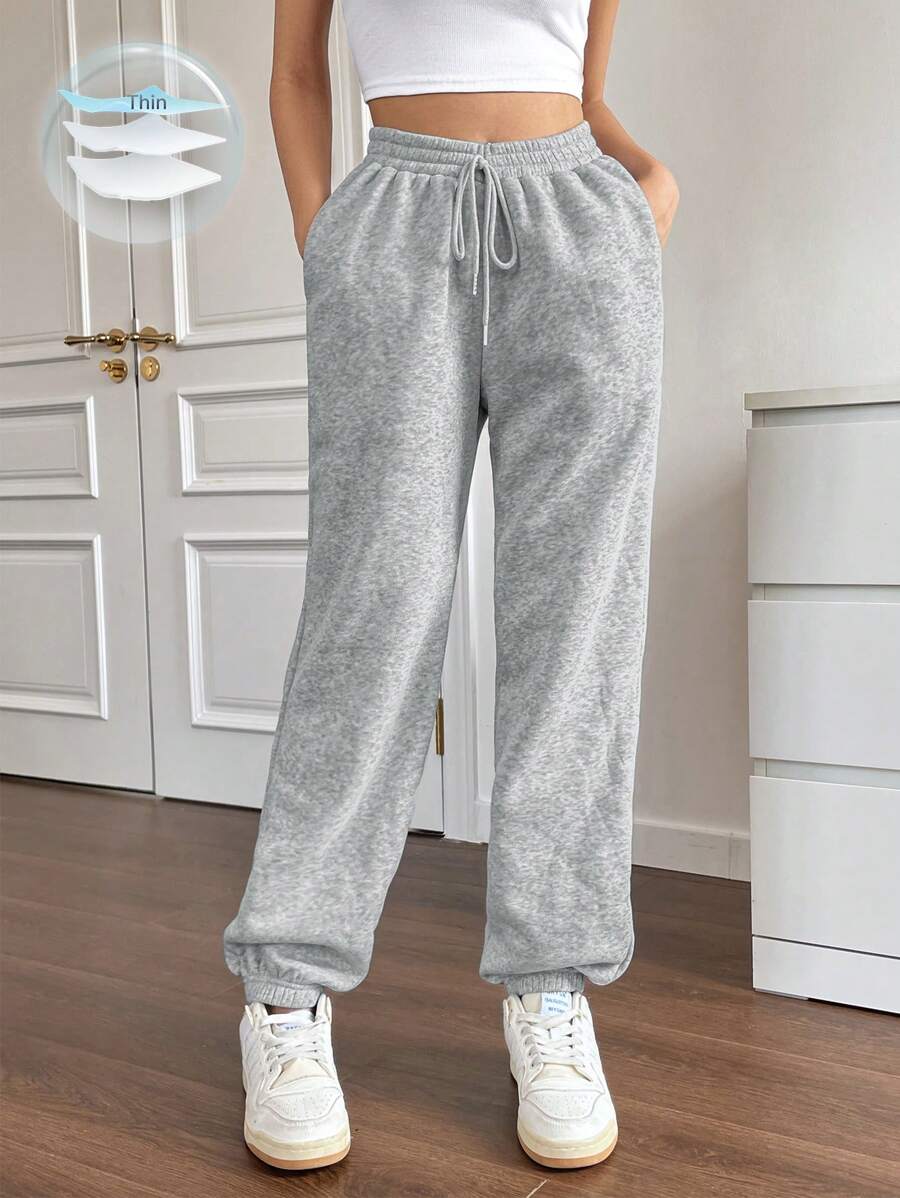 Flirla Solid Drawstring Waist Slant Pocket Sweatpants Fall Cloth For Women - Grey - View 1