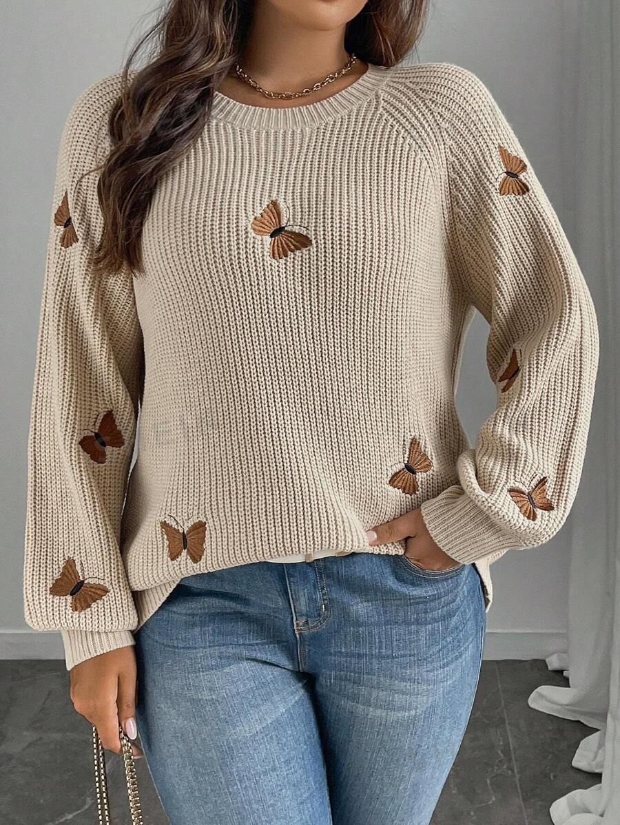 Juhart Suéter elegante de manga larga regular con bordado de flores en forma de lazo, suéter de punto liso y elegante para otoño e invierno